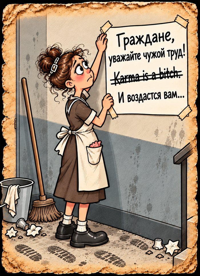 Уборщица вешает объявление: «Граждане, уважайте чужой труд! И воздастся вам…»